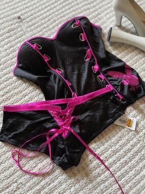 Vintage Y2K PLAYBOY Bunny Black Pink Satin Corset Plus Panty Shorts Lingerie Set